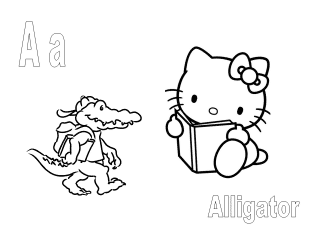 Letter A leren met Hello Kitty en A is voor Alligator Kleurplaat