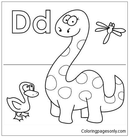 Pagina da colorare di dinosauro lettera D