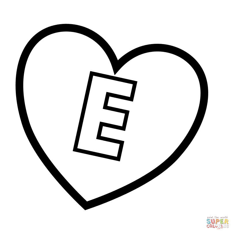 Letter E in Heart Coloring Page
