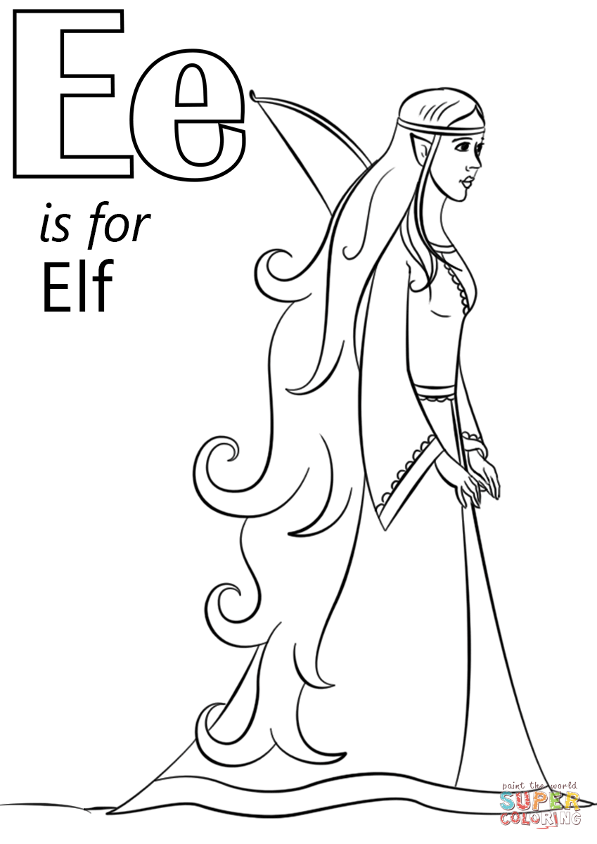 Letter E is for Elf Coloring Page