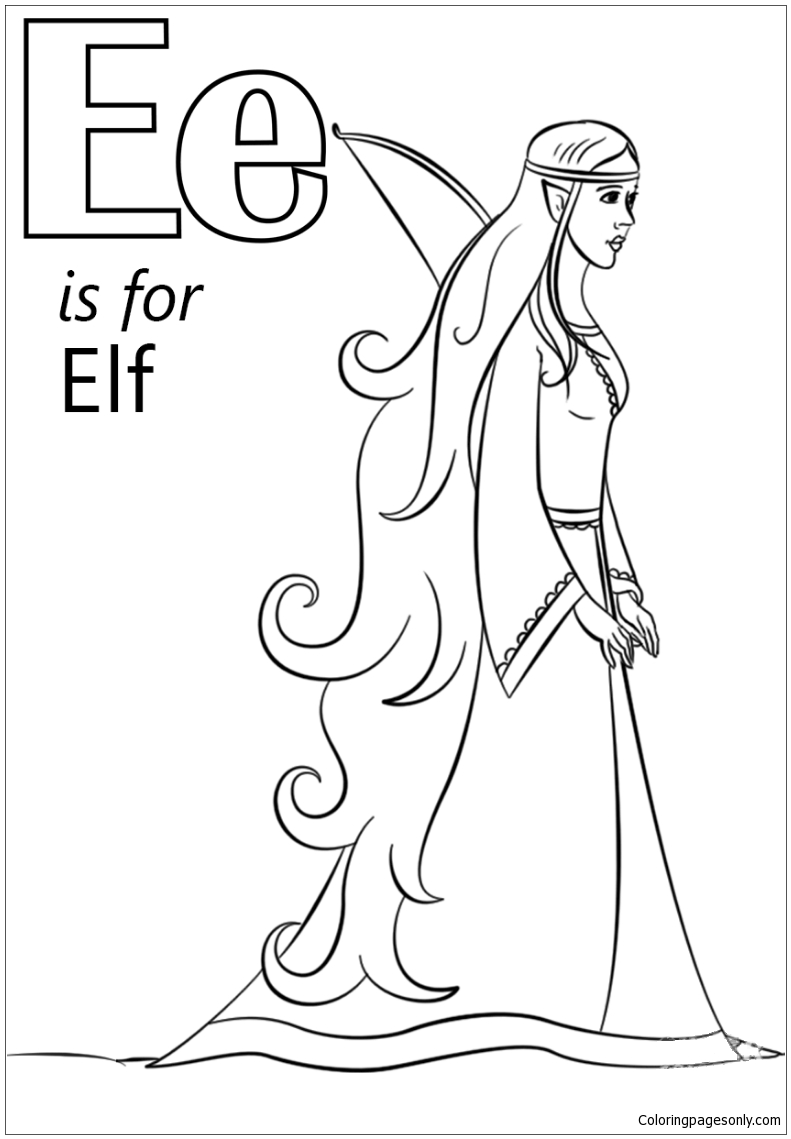 Letter E is for Elf Coloring Page