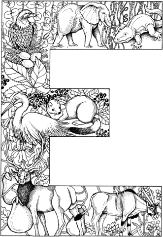 Letter E with Animals Coloring Pages