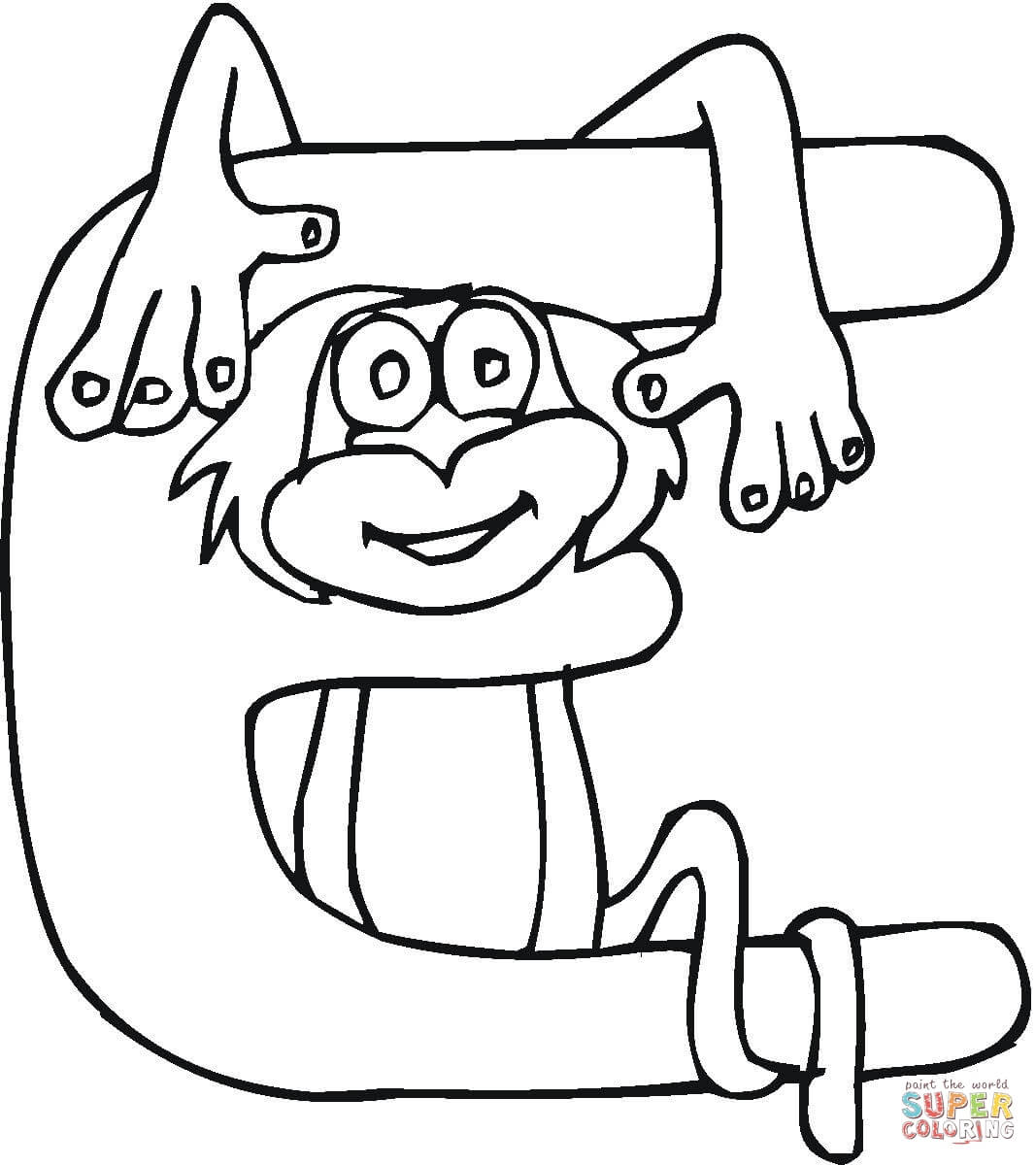 Letter E with Monkey Coloring Page