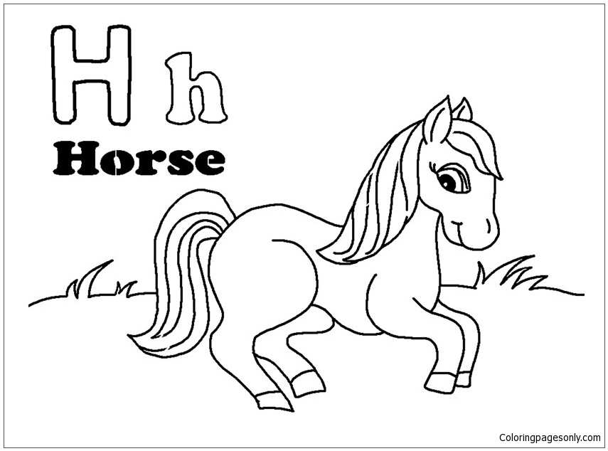 A letra H é para página de coloração de cavalo