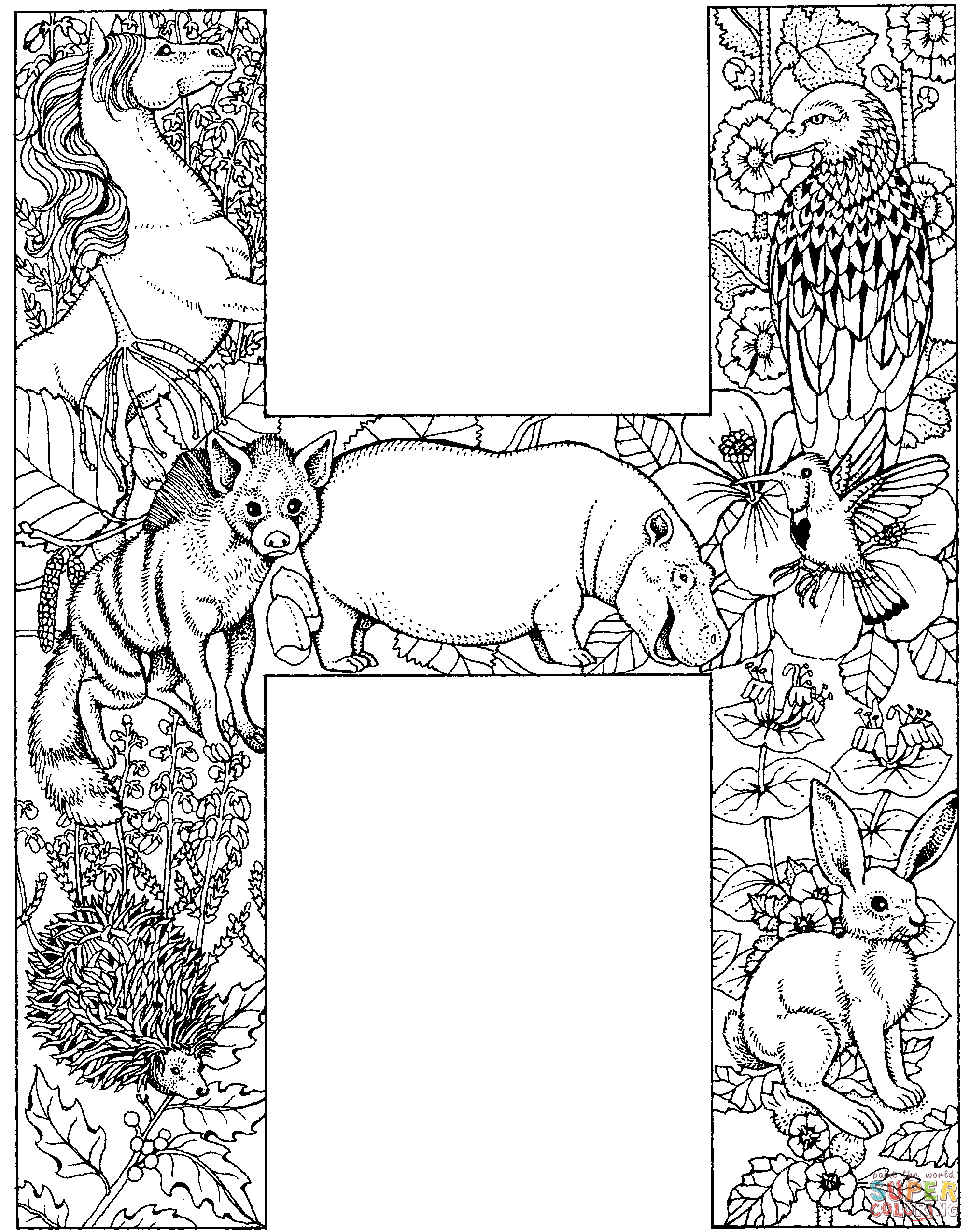 Letter H with Animals Coloring Page