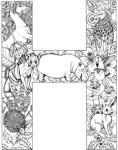 Letter H with Animals Coloring Page