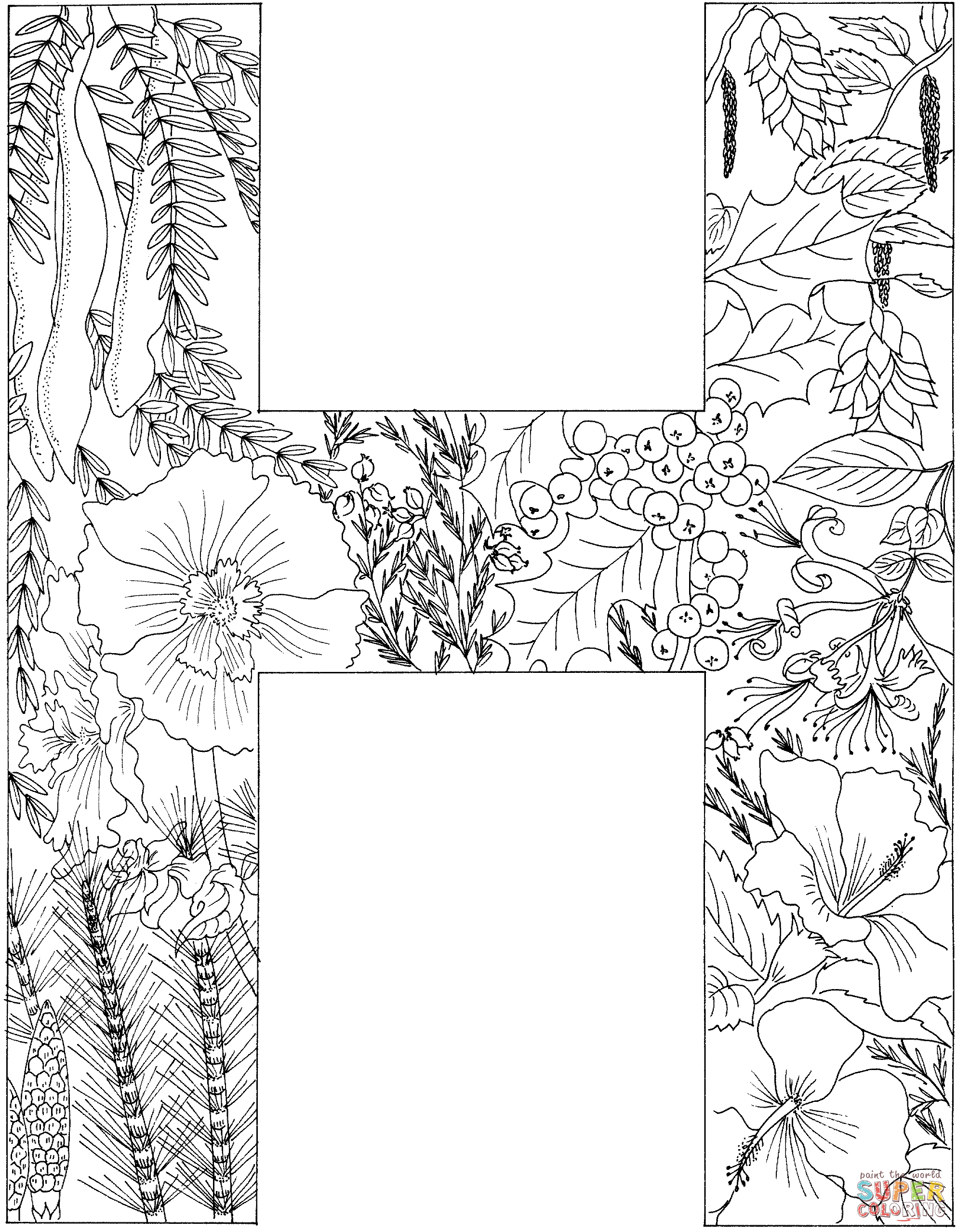Letter H with Plants Coloring Page