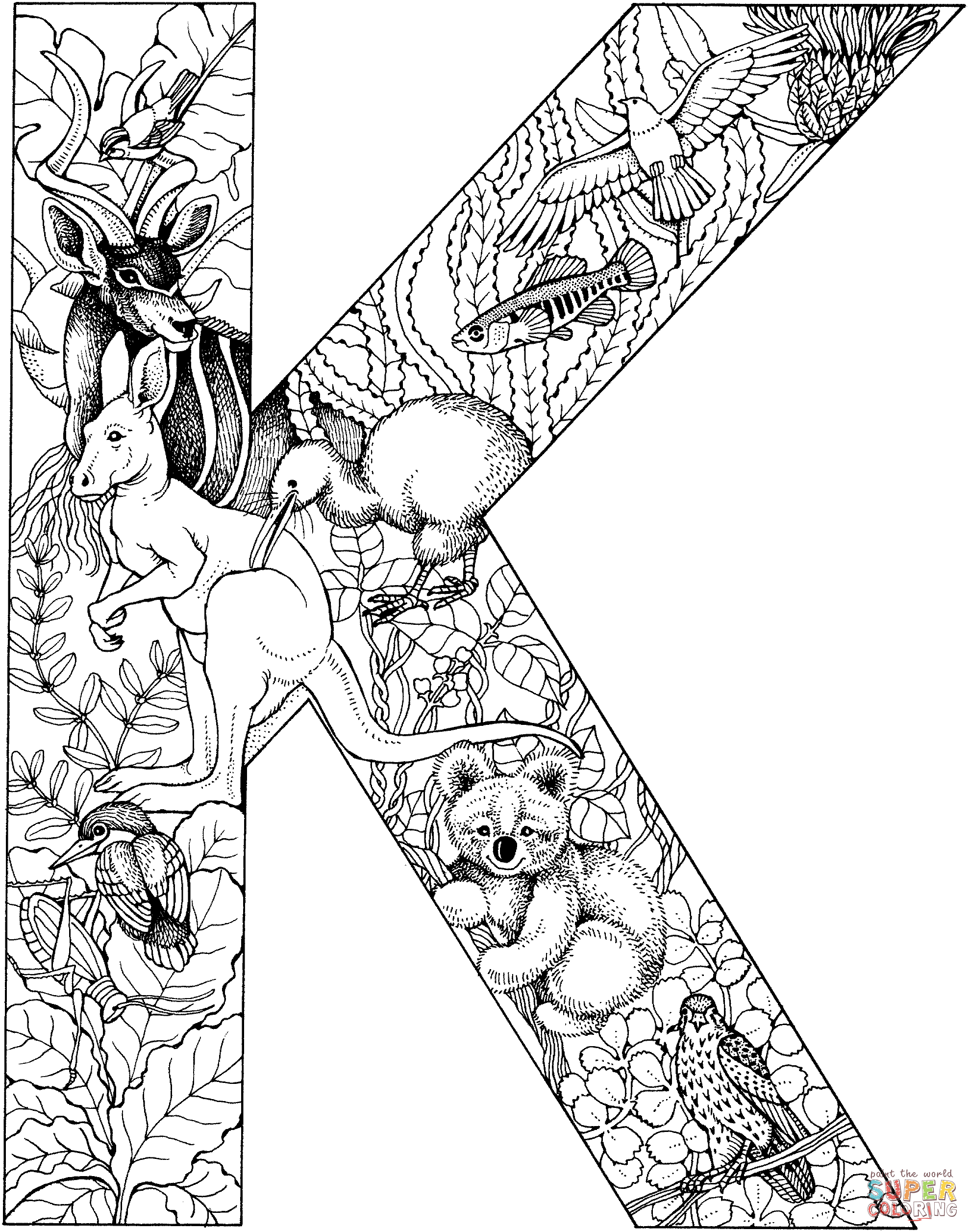 Letter K with Animals Coloring Pages