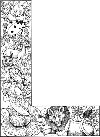 Letter L with Animals Coloring Page