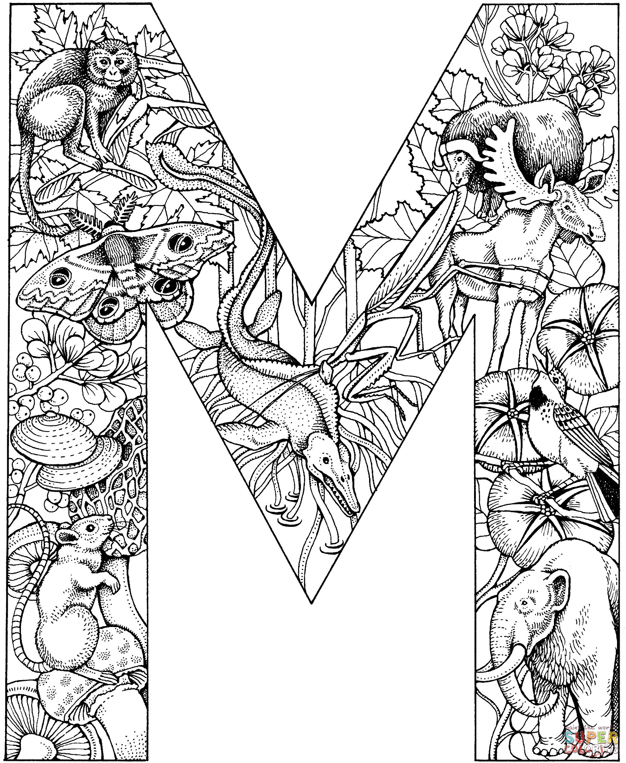 Letter M With Animals Coloring Pages
