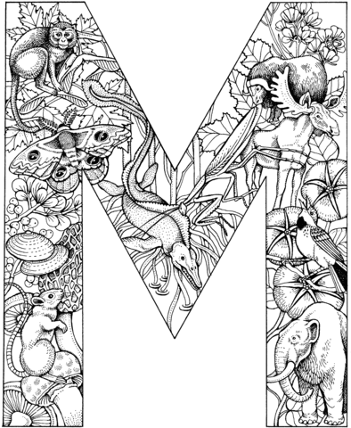 Letter M with Animals Coloring Pages