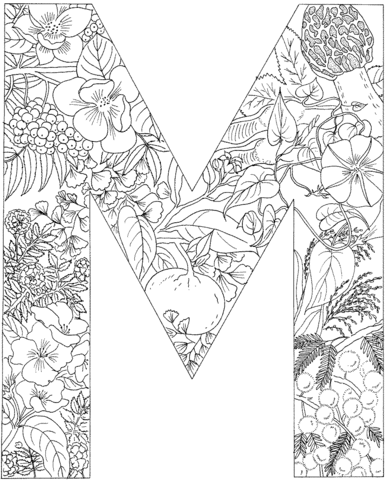 Coloriage lettre M avec des plantes