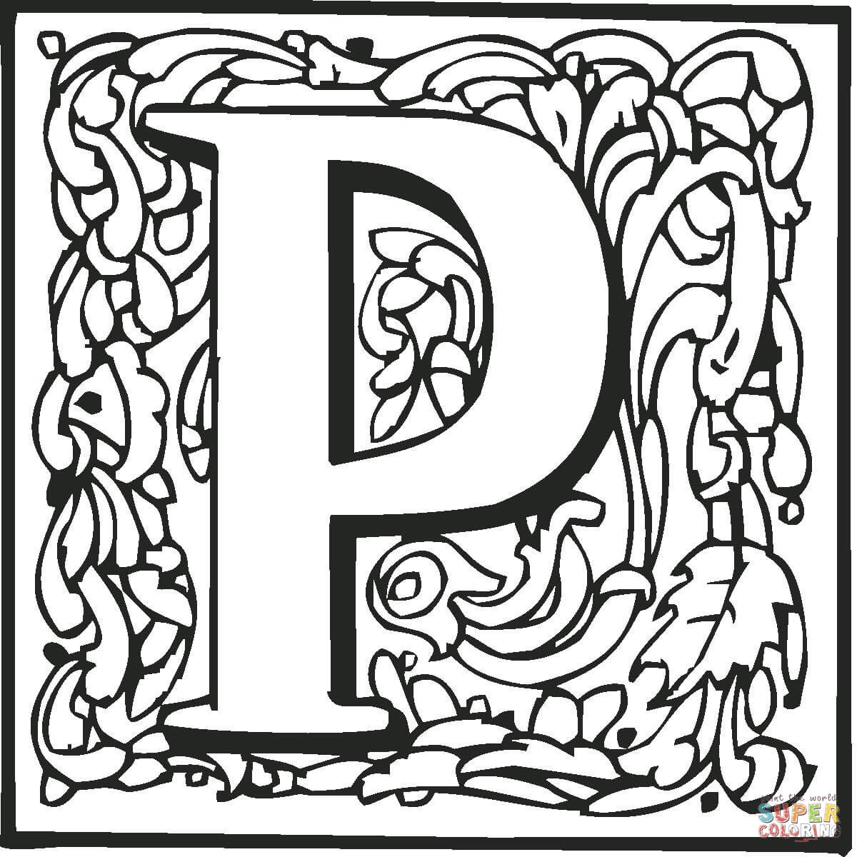 Lettera P con ornamento dalla lettera P