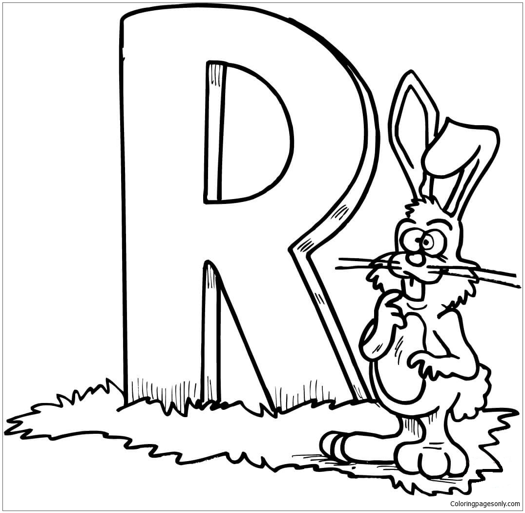 Letter R and Cute Rabbit - Free Printable Coloring Pages