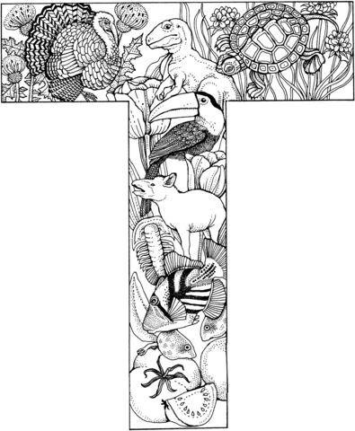 Letter T with Animals Coloring Page