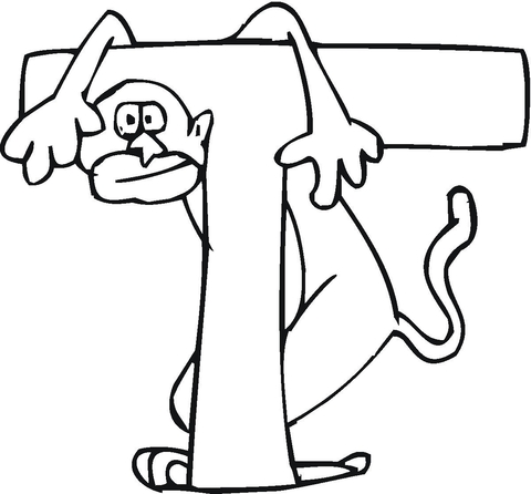 Letter T with Monkey Coloring Page
