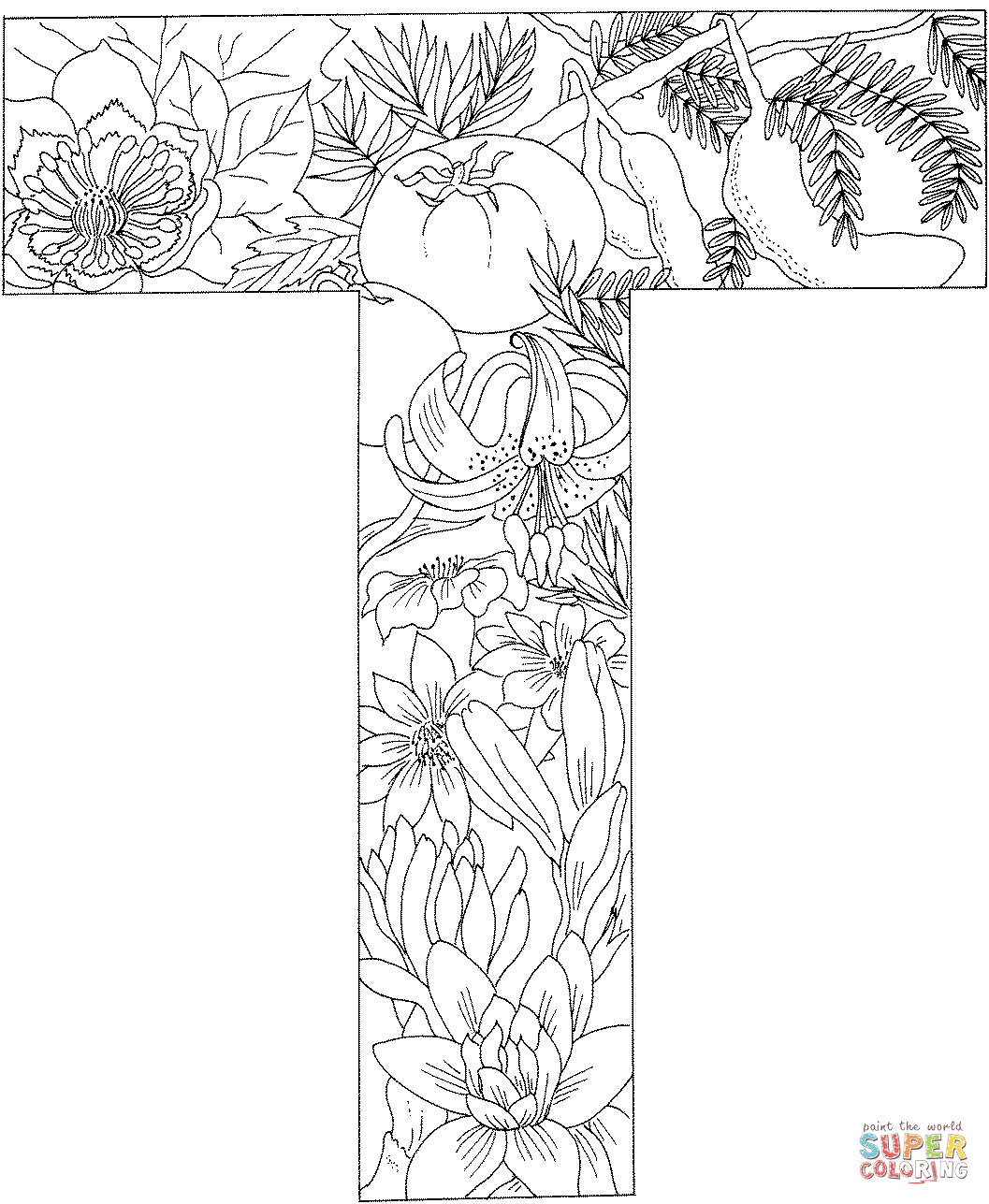 Letter T With Plants Coloring Pages