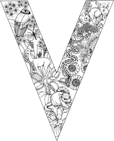 Letter V with Animals Coloring Page