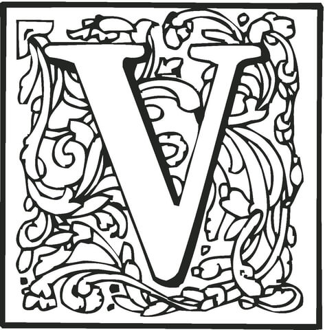 Letter V with Ornament Coloring Page