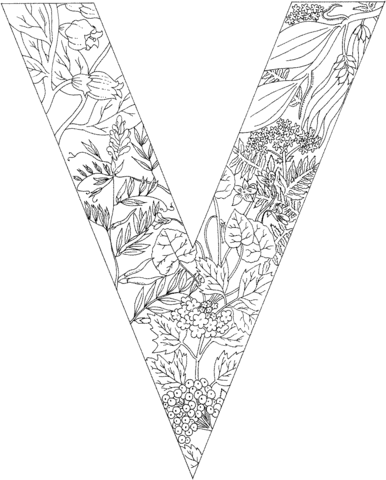 Coloriage lettre V avec des plantes
