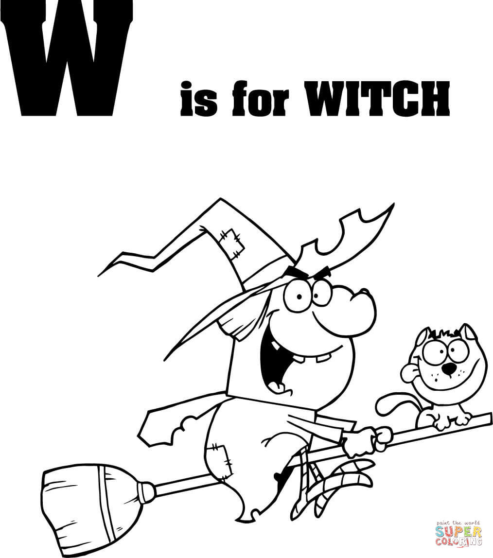 Letter W is for Witch Coloring Page