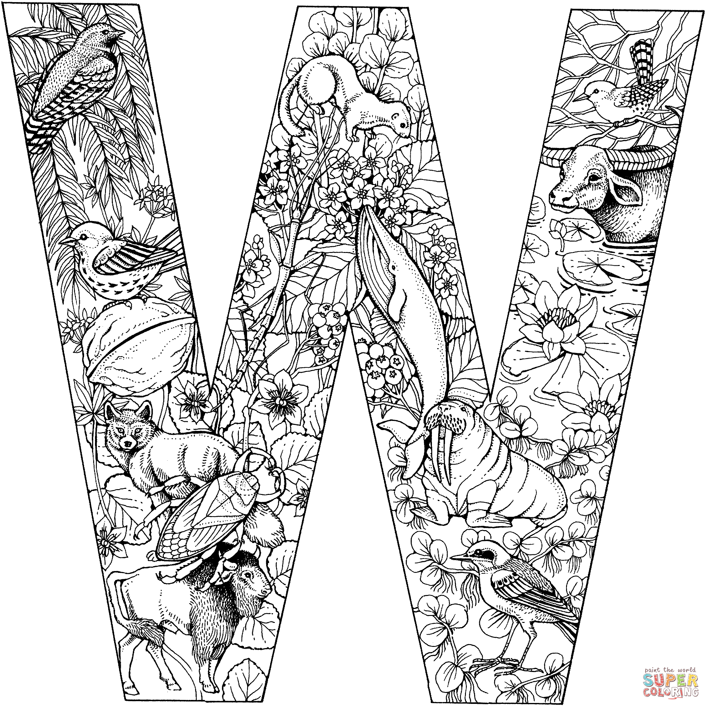 Letter W with Animals Coloring Page