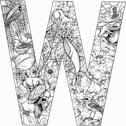 Letter W with Animals Coloring Page
