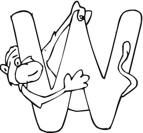 Letter W with Monkey Coloring Page