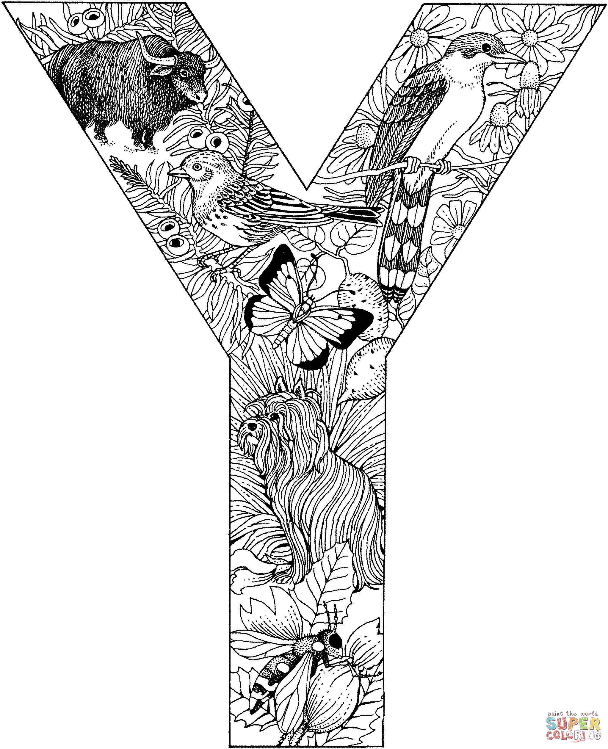 Letter Y with Animals Coloring Page