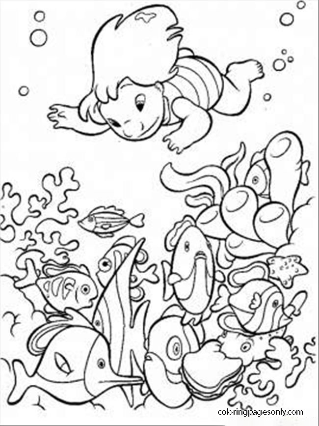 Лило из «Лило и Стич» ныряет под воду, чтобы поймать рыбку из «Лило и Стич».