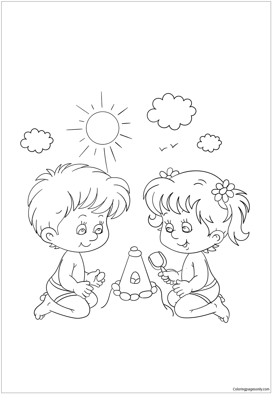 Little Boy And Girl Playing At Coloring Page - Free  