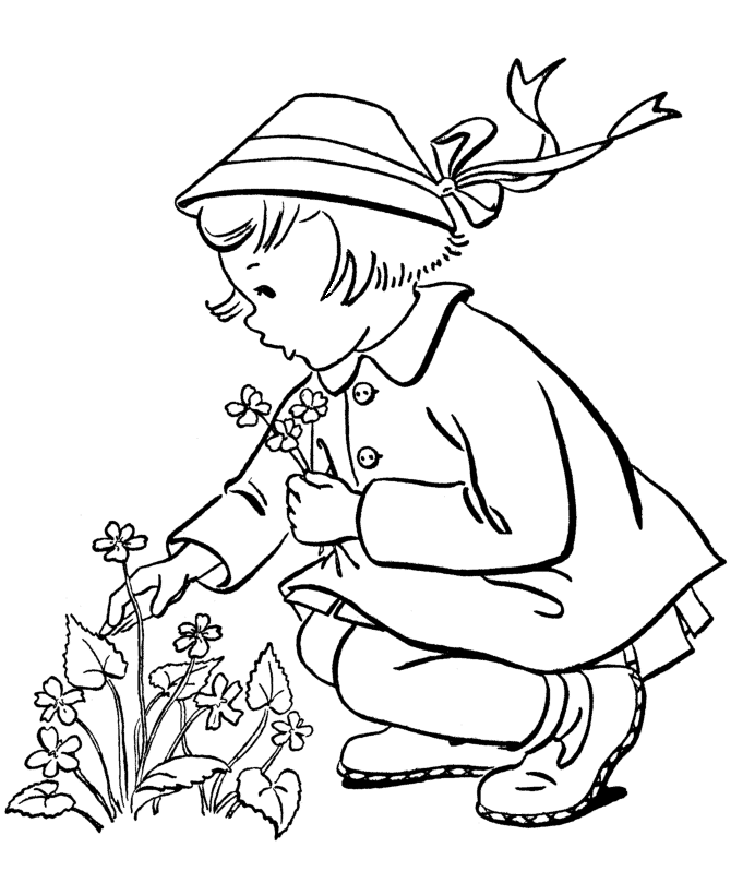 Little Girl Pick Flowers Coloring Page
