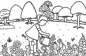 Meisje giet water in de tuin Kleurplaat