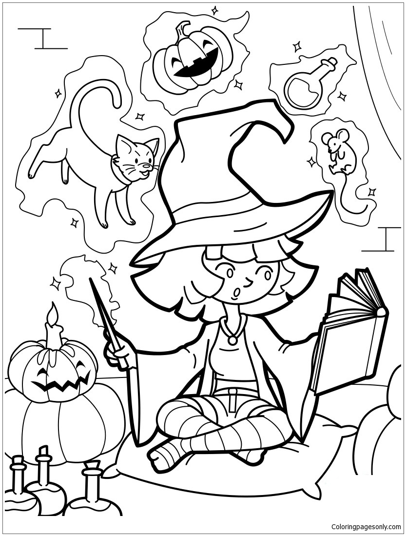 Little Halloween Witch Practis Coloring Pages