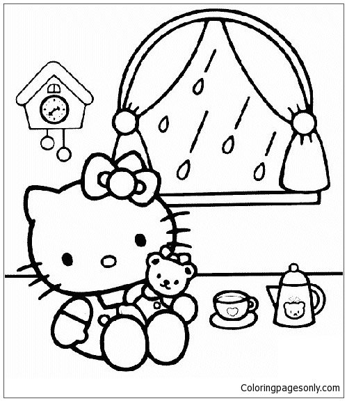 La piccola gattina nella sua casa da Hello Kitty