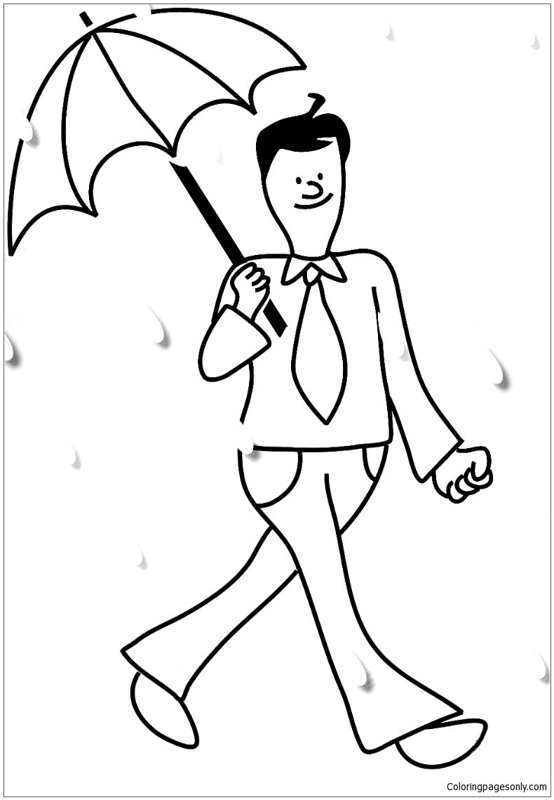 Man in de regen met zijn paraplu tegen neerslag