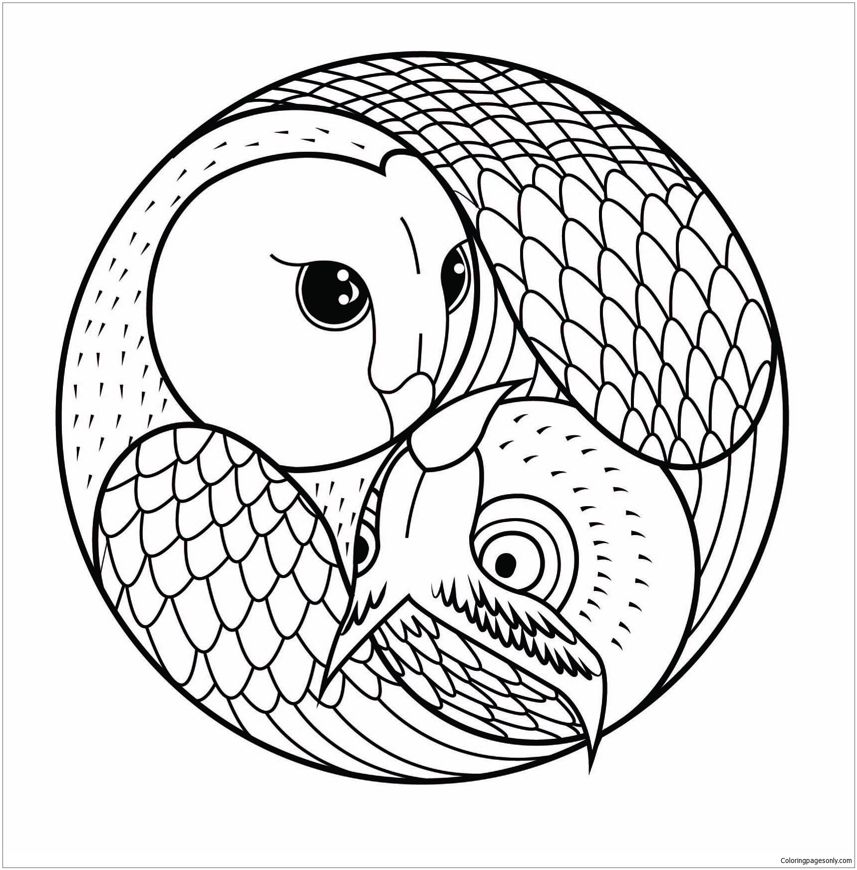 Mandala With 2 Owl Heads Coloring Pages