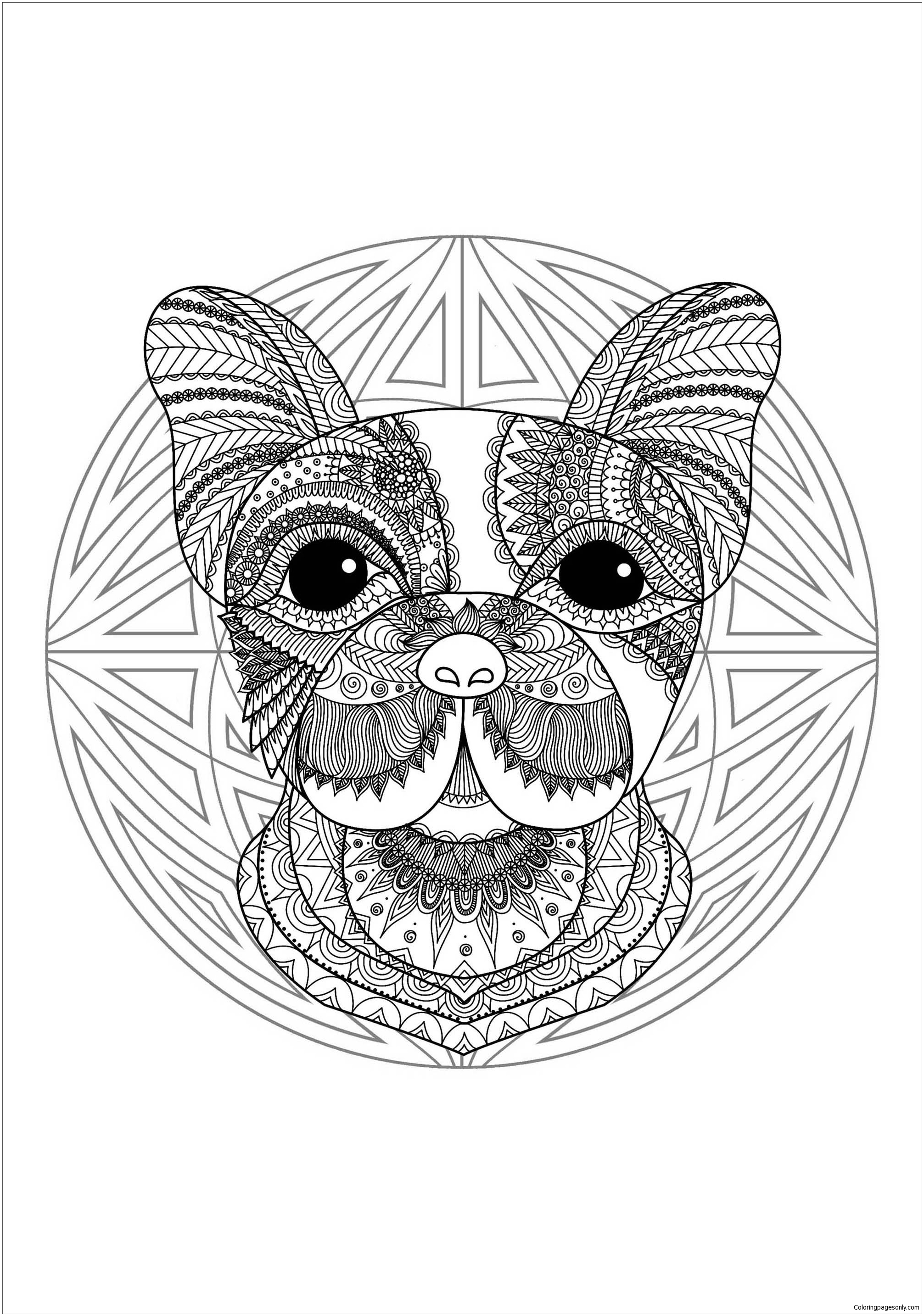 Mandala with cute Dog head and geometric patterns Coloring Pages