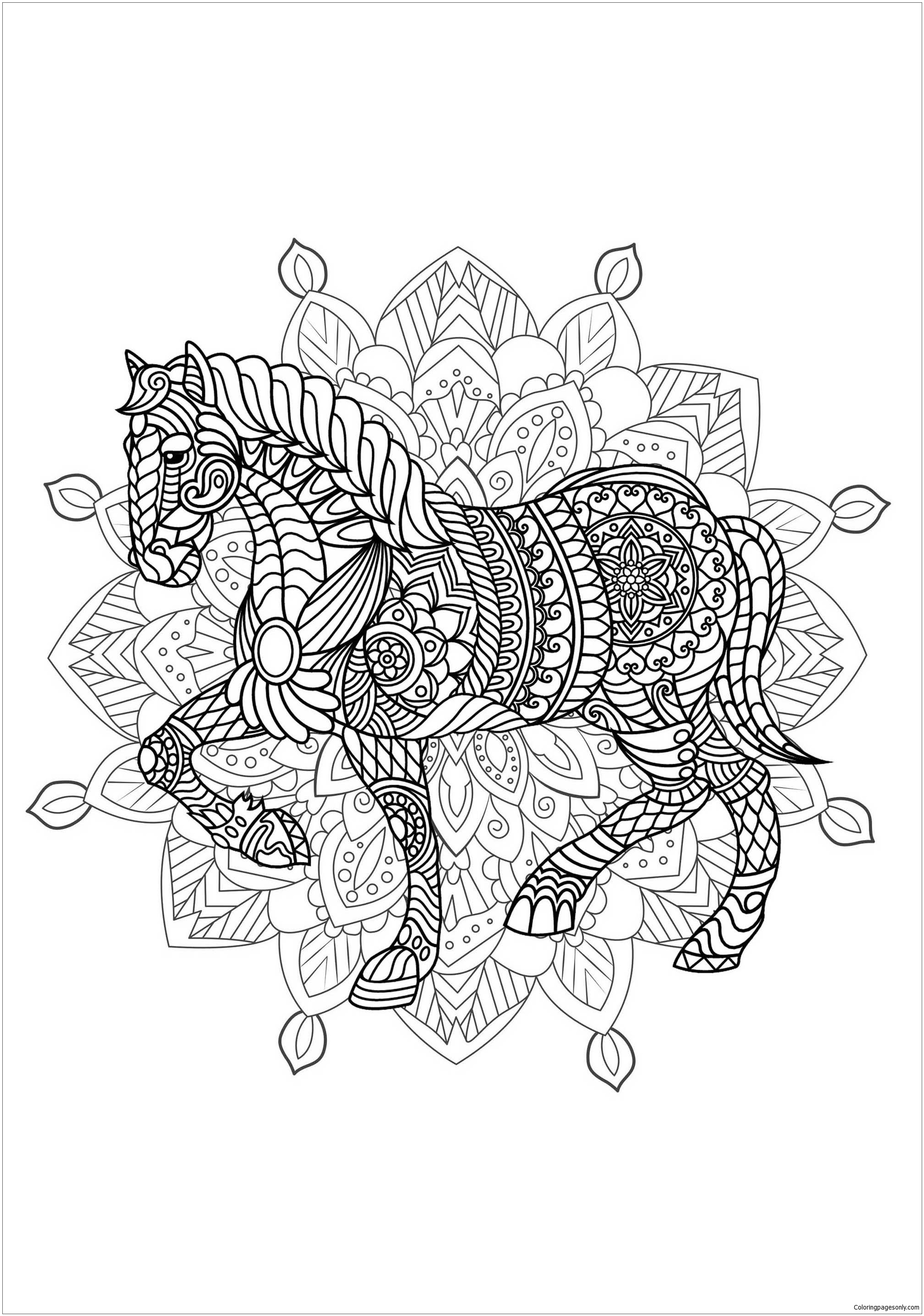 Coloriage Mandala avec Cheval élégant et motifs complexes