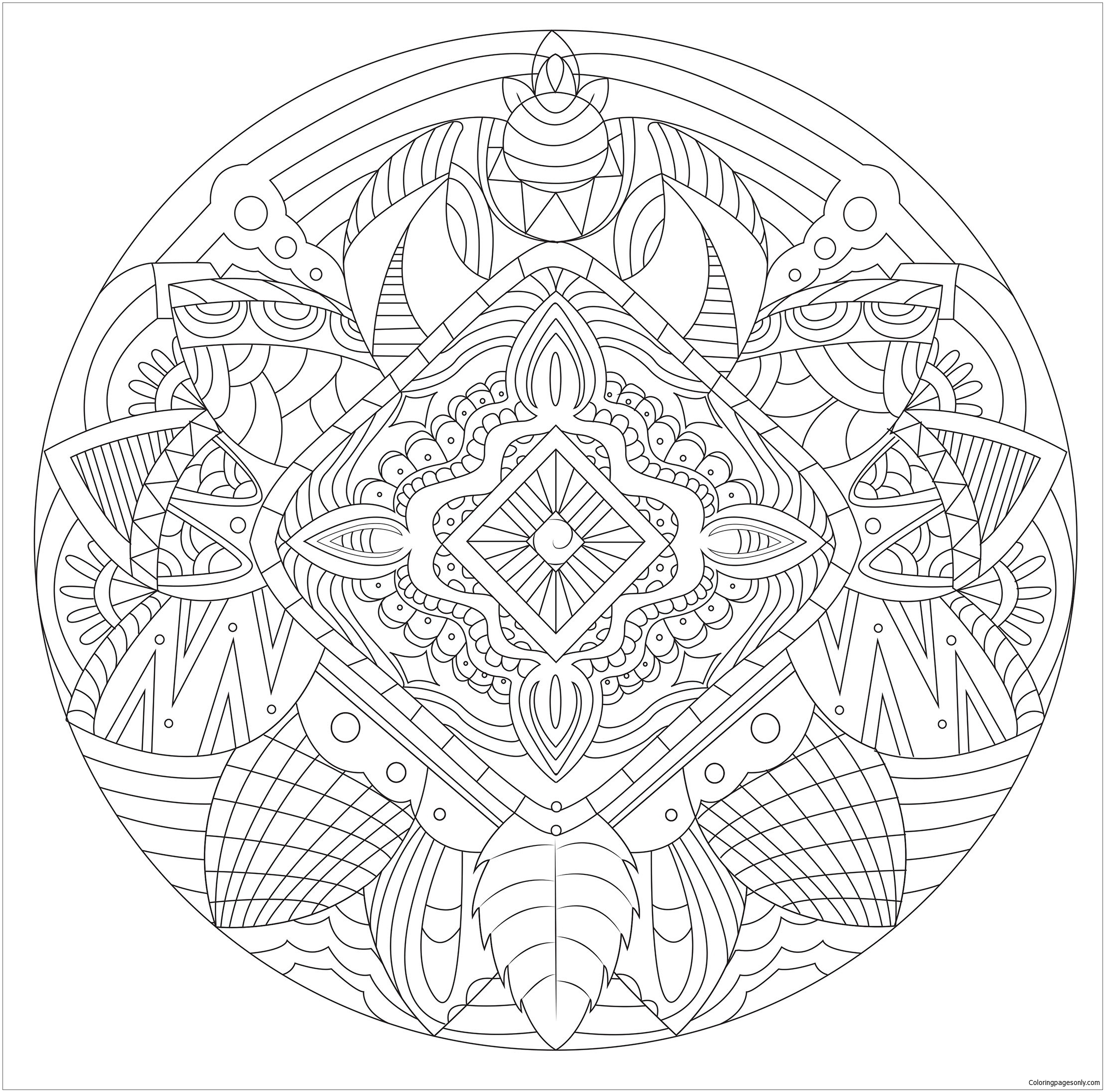 Mandala with Flowers and Feathers Coloring Pages