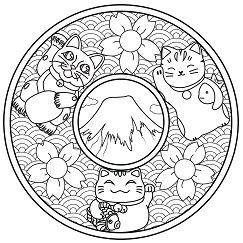 Mandala with three Maneki Neko Coloring Pages