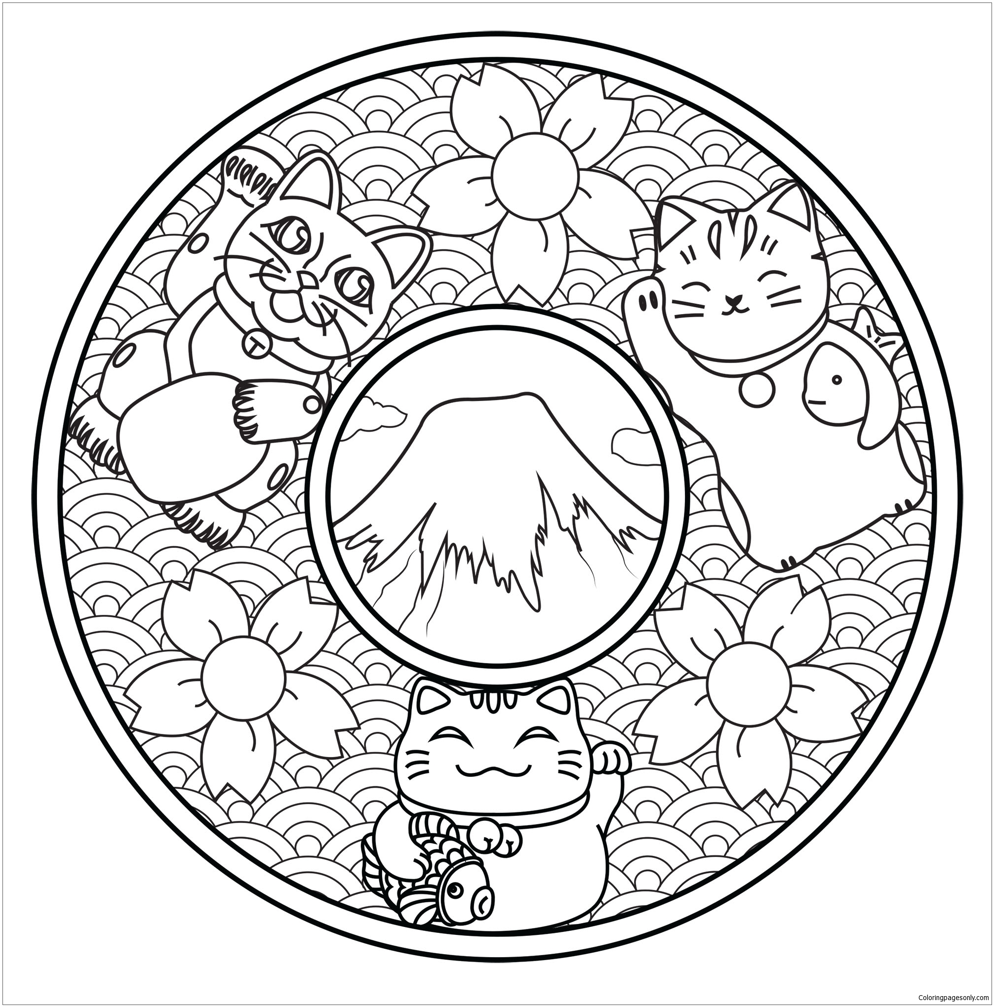 Mandala with three Maneki Neko Coloring Pages