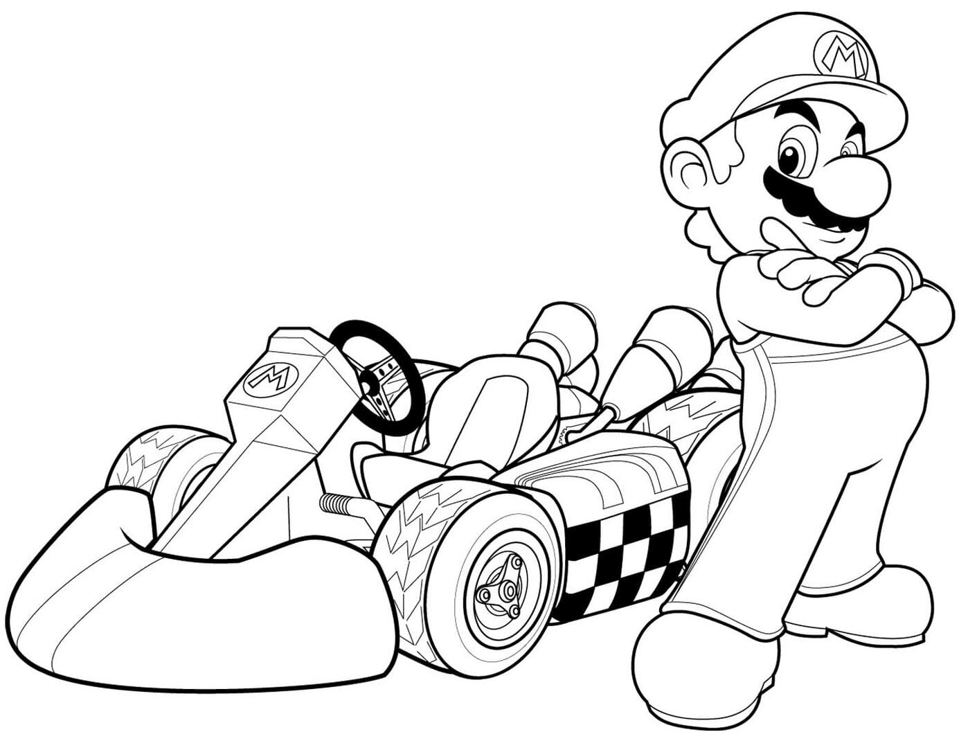 Mario and racing car in Mario Kart Wii Coloring Page