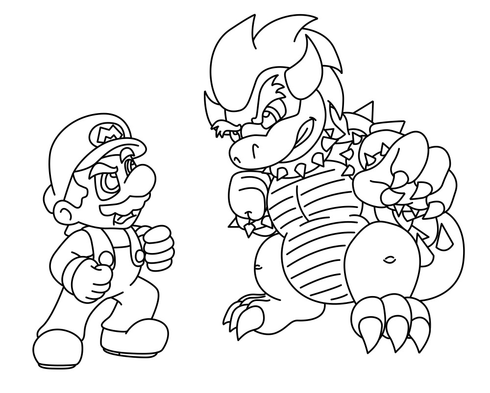 Mario fights to Bowser Koopa in Super Mario Bros Coloring.