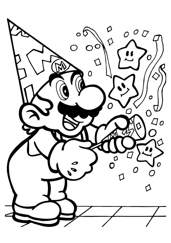 Mario take firework to happy birthday Coloring Page