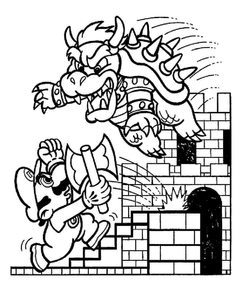 Mario contro Bowser al castello nella pagina da colorare di Super Mario Bros