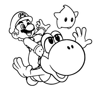 Mario, Yoshi and Luma are playing  together Coloring Page