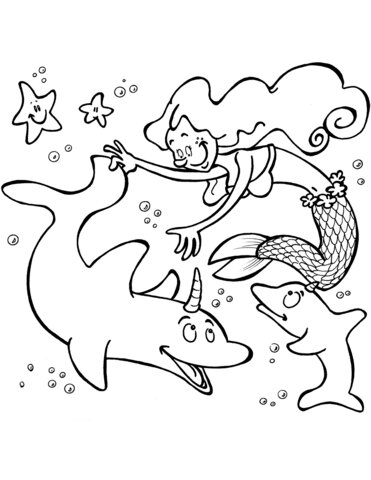 Desenho de golfinhos de unicórnio sereia para colorir