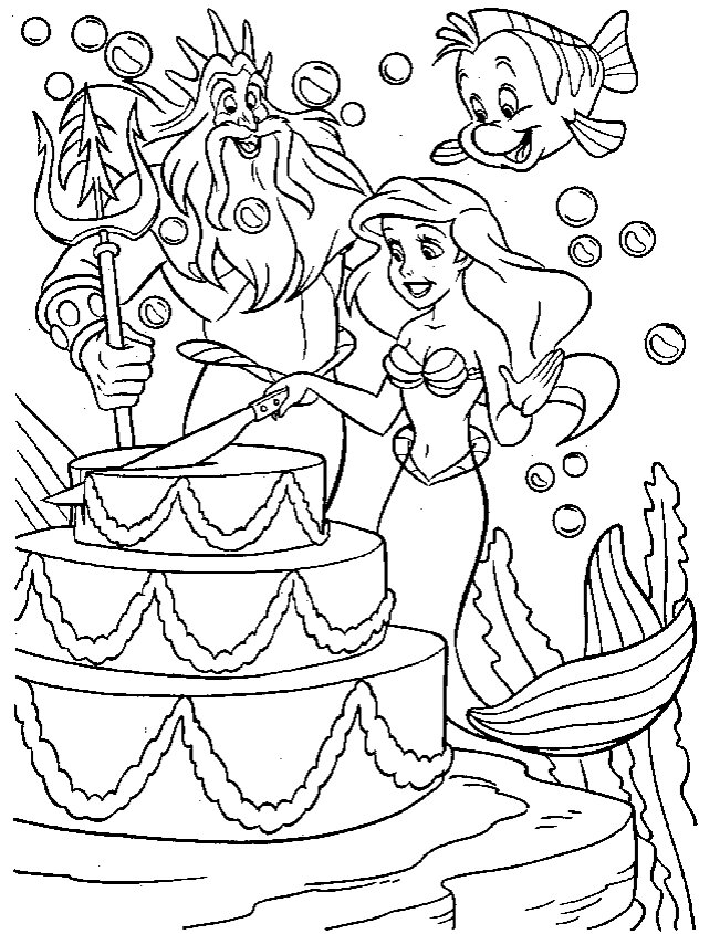 Dibujo de Sirena con pastel de cumpleaños para colorear