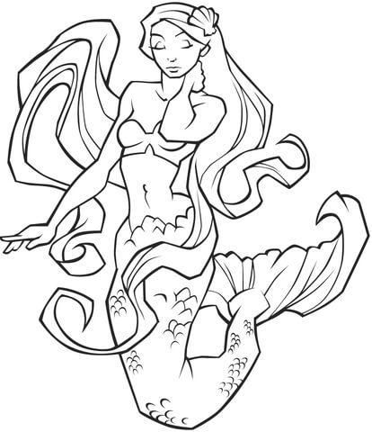 Mermaid With Long Hair Coloring Pages